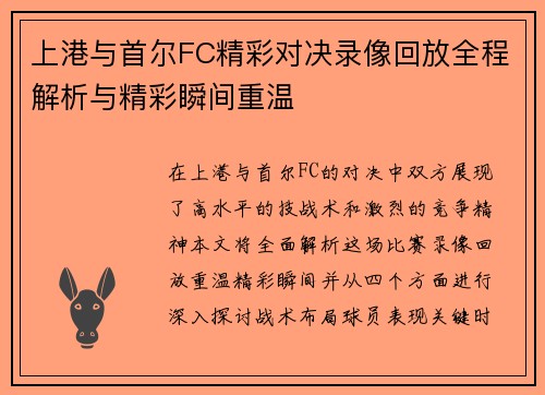 上港与首尔FC精彩对决录像回放全程解析与精彩瞬间重温